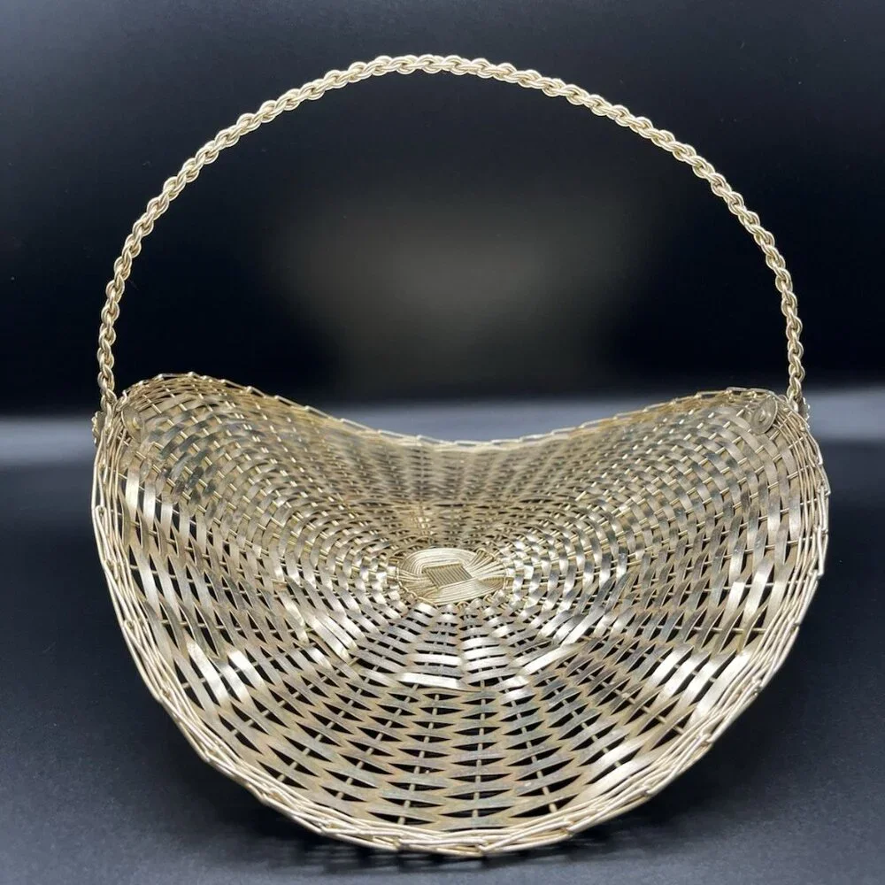 Vintage 60s Woven Metal Basket MCM Hollywood Regency Gold Tone Decorative Atomic